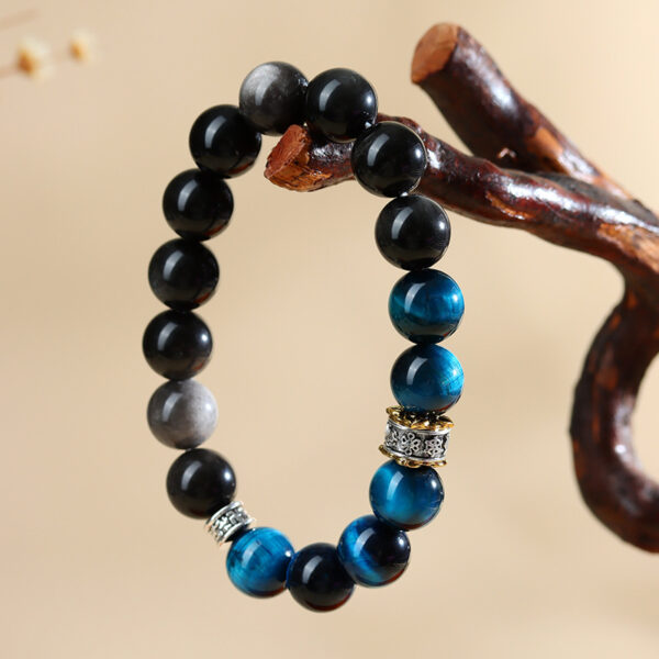 Peacock blue tiger eye stone silver obsidian bracelet new Chinese style trend retro men and women new bracelet jewelry