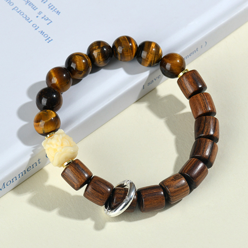Rosewood Tiger Eye Stone Ivory Lion Dance Bracelet New Chinese Style Playing Buddhist Beads Bracelet Cultural and Creative Hot Selling