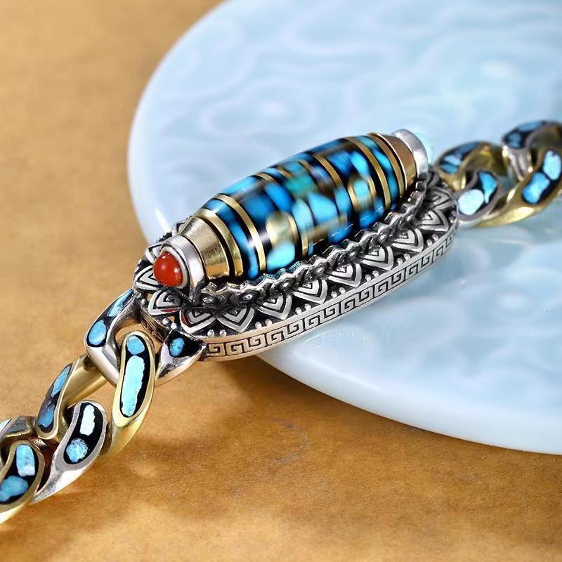 Turquoise six-word mantra nine-eye dzi bracelet men's luck trendy personality female silver bracelet