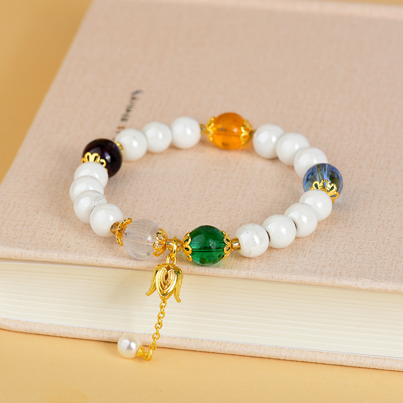 White Porcelain Beads Five Elements Crystal Bracelet Yellow God of Wealth Bracelet