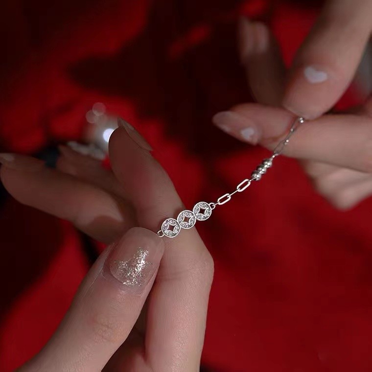 Pure silver lucky copper coin bracelet niche design ins retro high-end New Year jewelry