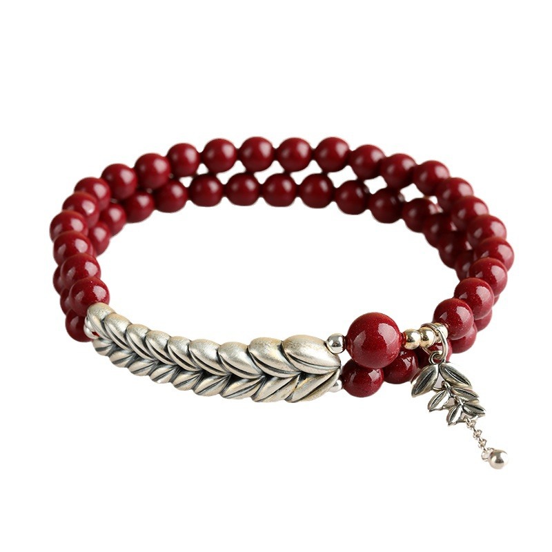 Purple gold sand pure silver wheat ear cinnabar double layer bracelet retro peace bracelet