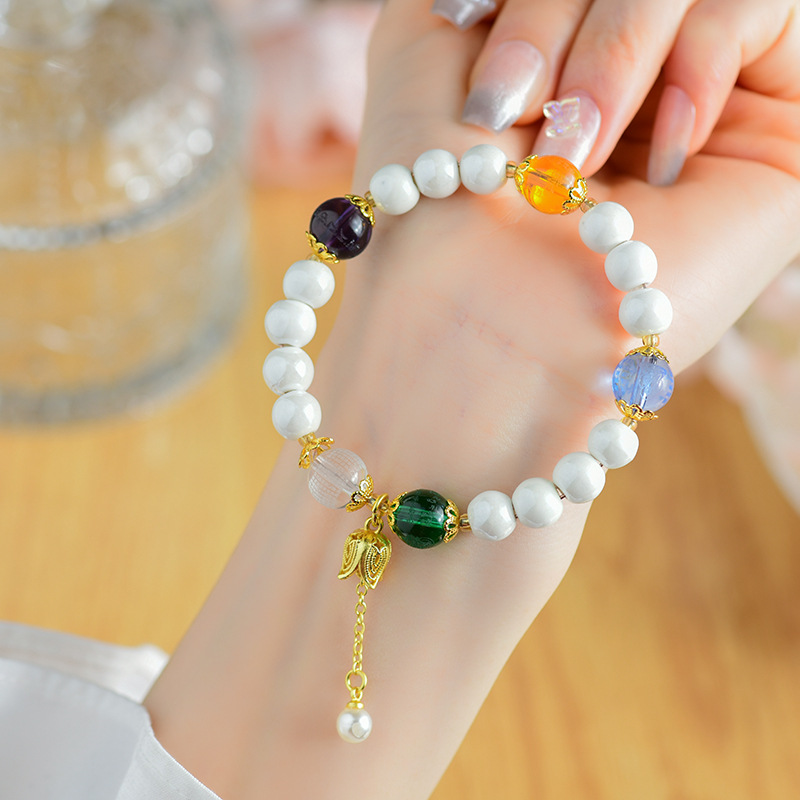 White Porcelain Beads Five Elements Crystal Bracelet Yellow God of Wealth Bracelet