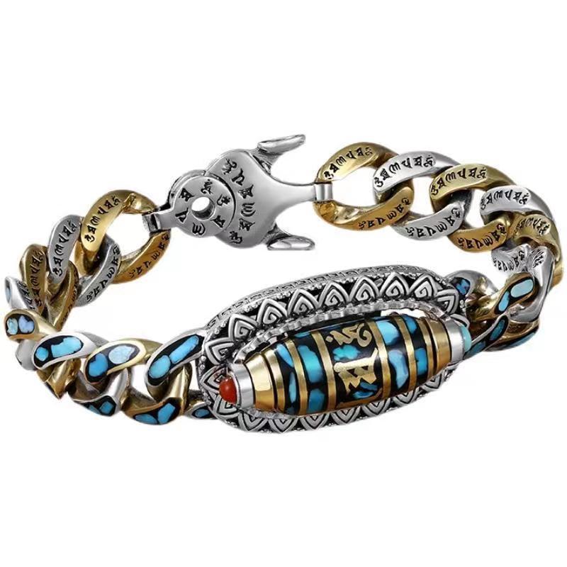 Turquoise six-word mantra nine-eye dzi bracelet men's luck trendy personality female silver bracelet