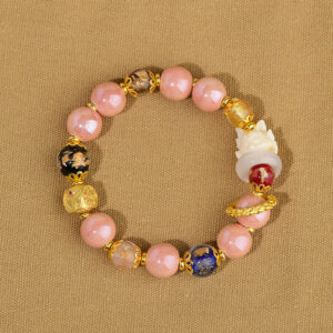 Pink incense ash porcelain gold foil single loop bracelet with nine-tailed fox popular bracelet
