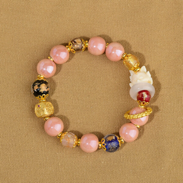 Pink incense ash porcelain gold foil single loop bracelet with nine-tailed fox popular bracelet