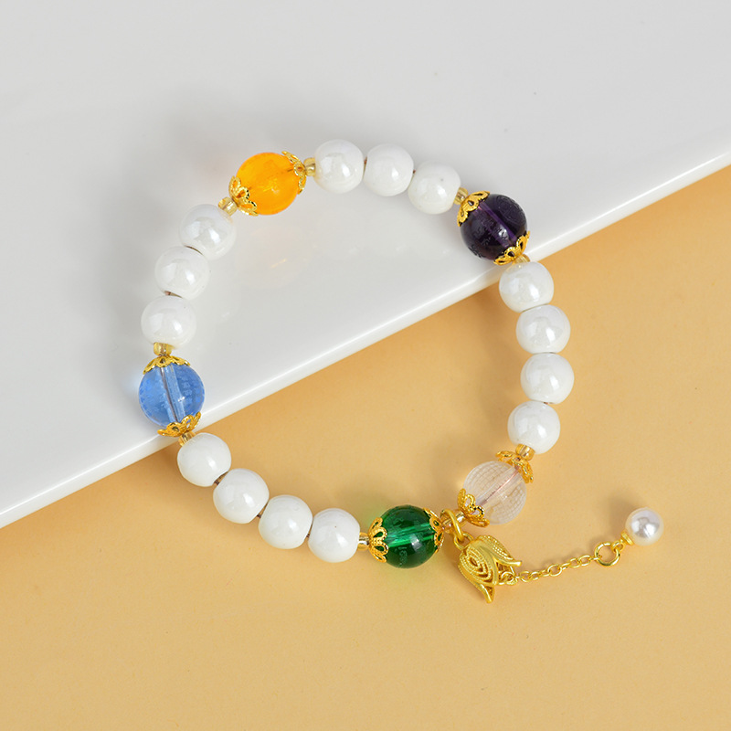 White Porcelain Beads Five Elements Crystal Bracelet Yellow God of Wealth Bracelet