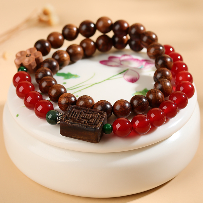 Random pattern rosewood natural red agate double circle bracelet agarwood brand new Chinese retro play hand string jewelry
