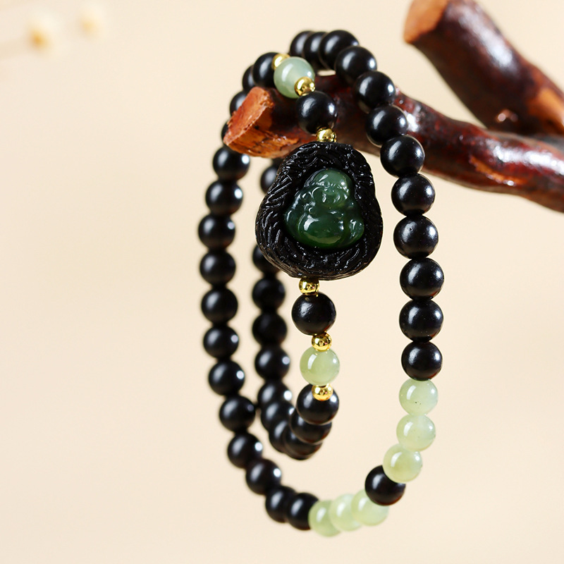 Ebony and Hetian Jasper Buddha Double Circle Bracelet New Chinese Fashion Ancient Charm Ladies Hot Bracelet Jewelry
