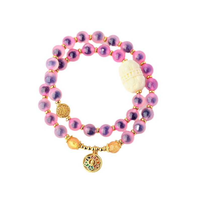 Incense Ash Glass Sugar Heart Agate Half Sugar Gold Foil Twin Lotus Bracelet Lotus Six-Character Mantra Beads