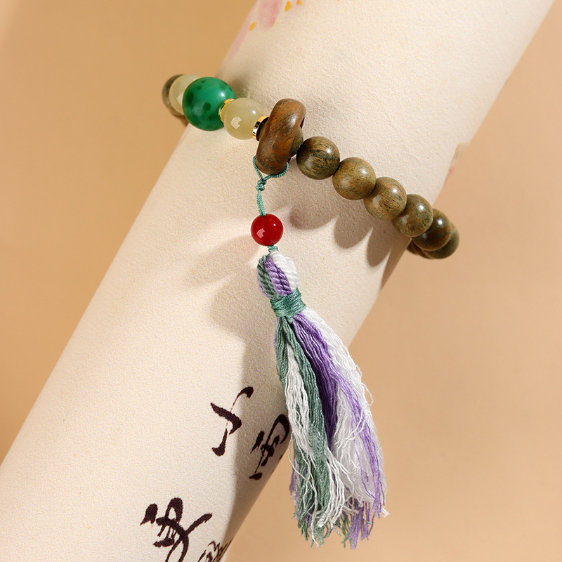 Green sandalwood and Hetian jade Tibetan running ring tassel bracelet new Chinese style play play Buddhist beads bracelet new jewelry