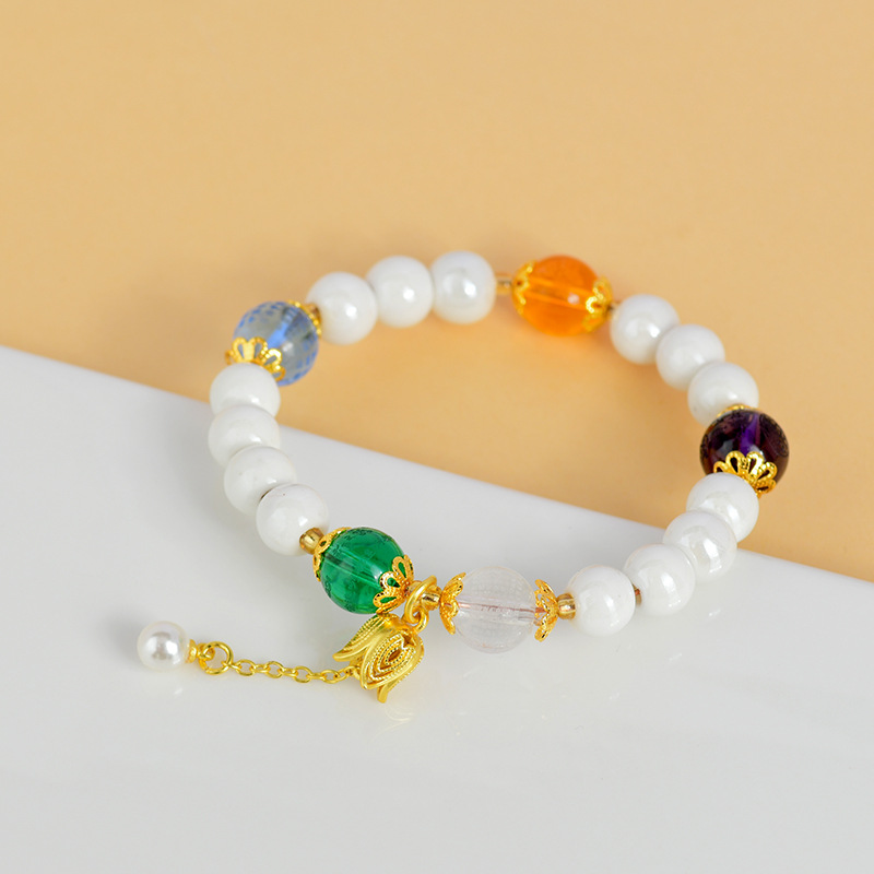White Porcelain Beads Five Elements Crystal Bracelet Yellow God of Wealth Bracelet