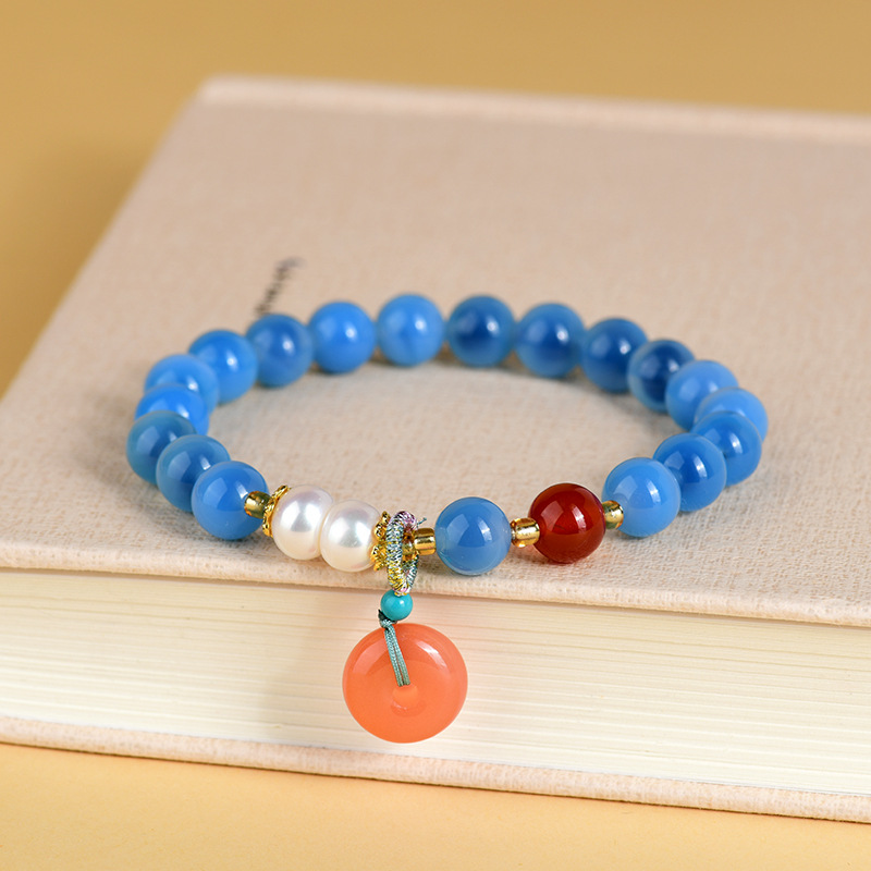 Blue sugar heart agate bracelet peace buckle pendant half pond beaded popular bracelet jewelry