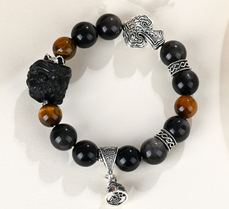 Natural silver obsidian lion tiger eye stone bracelet new Chinese retro cultural and creative men and women's network hot selling bracelet