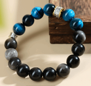 Peacock blue tiger eye stone silver obsidian bracelet new Chinese style trend retro men and women new bracelet jewelry