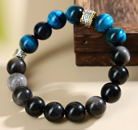 Peacock blue tiger eye stone silver obsidian bracelet new Chinese style trend retro men and women new bracelet jewelry