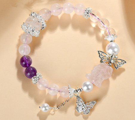 Natural rose crystal gold swallowing beast amethyst white crystal butterfly bracelet new Chinese style original bracelet