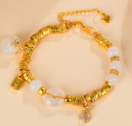 White agate peace buckle gold color sand gold wrapped Tibetan bracelet new Chinese style ancient method inheritance jewelry