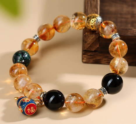 Crystal yellow tower crystal large lacquer bead black agate bracelet cloisonne gourd new Chinese style cultural and creative bracelet
