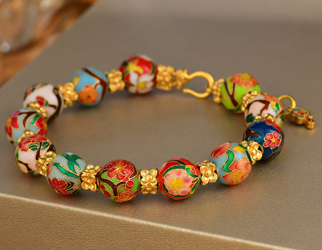 Ancient high temperature blue enamel December flower god bead sand gold bracelet cloisonne guardian flower bead bracelet