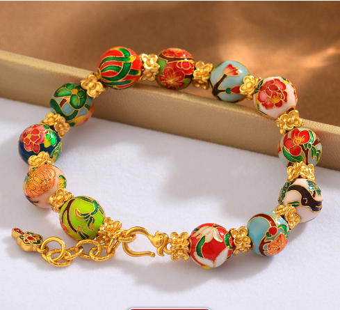 Ancient high temperature blue enamel December flower god bead sand gold bracelet cloisonne guardian flower bead bracelet