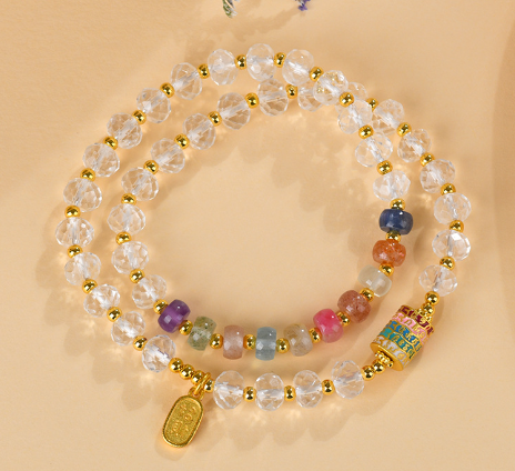 White crystal colorful beads double circle bracelet fashionable rainbow multi-treasure bracelet