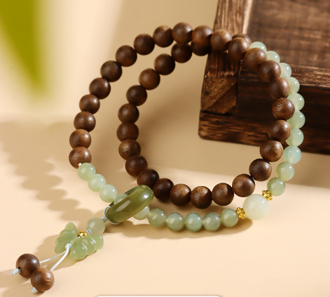 Agarwood and Hetian Jade Butterfly Ring Double Circle Bracelet New Chinese Buddhist Beads Bracelet
