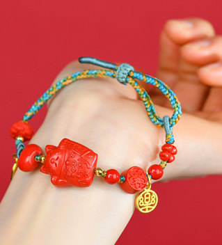 High content cinnabar original imperial red sand lucky cat diy handmade adjustable braided bracelet rope