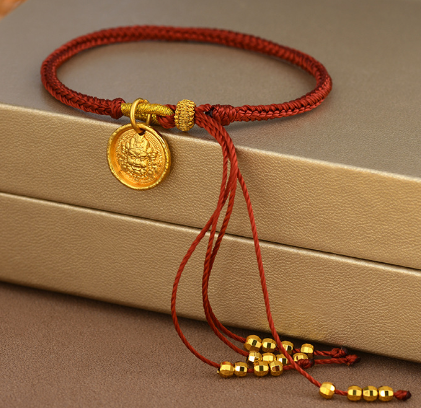 Ancient gold Tibetan style yellow god of wealth round plate hand-woven rope bracelet tassel broken gold zodiac year red rope bracelet