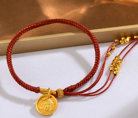 Ancient gold Tibetan style yellow god of wealth round plate hand-woven rope bracelet tassel broken gold zodiac year red rope bracelet