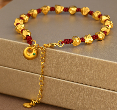 Ancient gold hammered meteorite Xiaopangfu red rope bracelet new Chinese style zodiac year braided fashion red rope