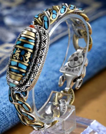 Turquoise six-word mantra nine-eye dzi bracelet men's luck trendy personality female silver bracelet