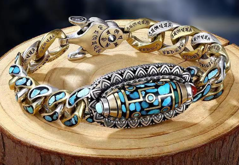 Turquoise six-word mantra nine-eye dzi bracelet men's luck trendy personality female silver bracelet