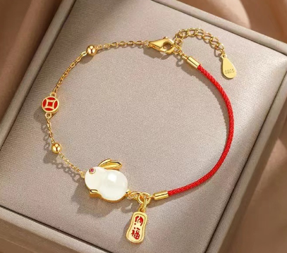 Jade rabbit blessing bracelet female braided red rope rabbit year zodiac year Hetian jade lucky beads gift rabbit bracelet
