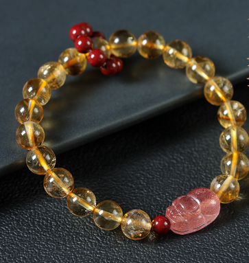 Rich Citrine Fortune Strawberry Crystal Pixiu Good Luck Bracelet for Men and Women Light Luxury Niche Single Loop Bracelet