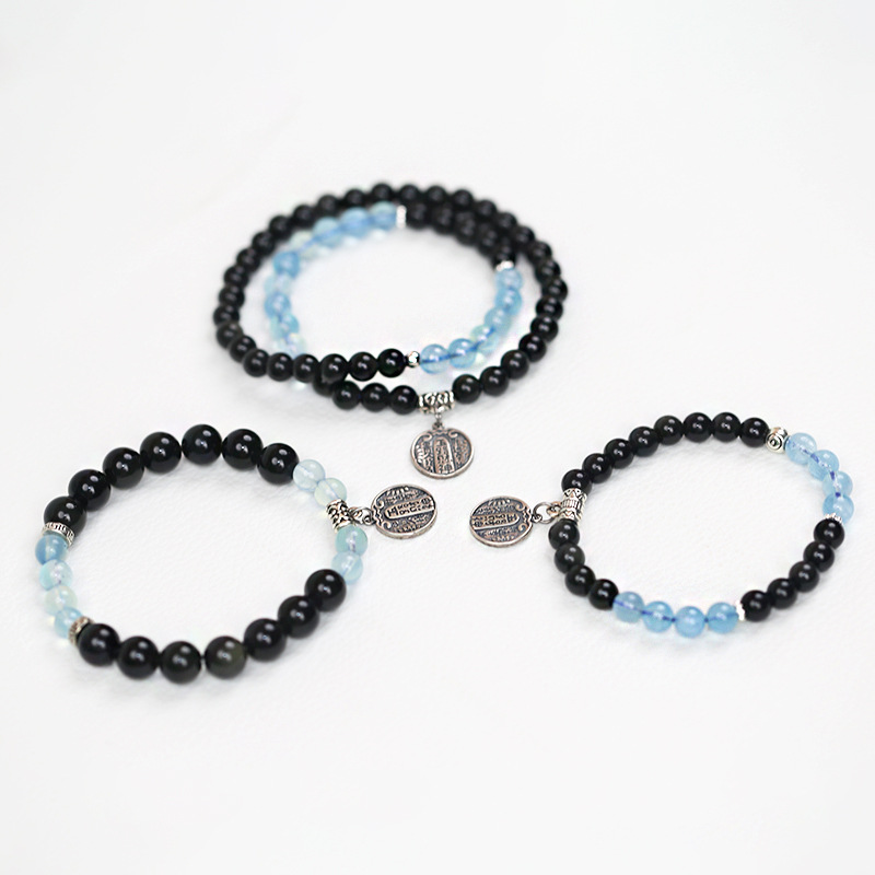 Jishengji Fortune Five Elements Balance Water Bracelet Silver Five Roads God of Wealth Accessories Obsidian Aquamarine Bracelet