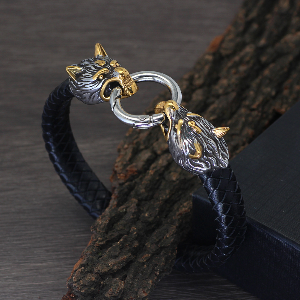 Wolf Head Leather Bracelet Stainless Steel Viking Pendant Jewelry