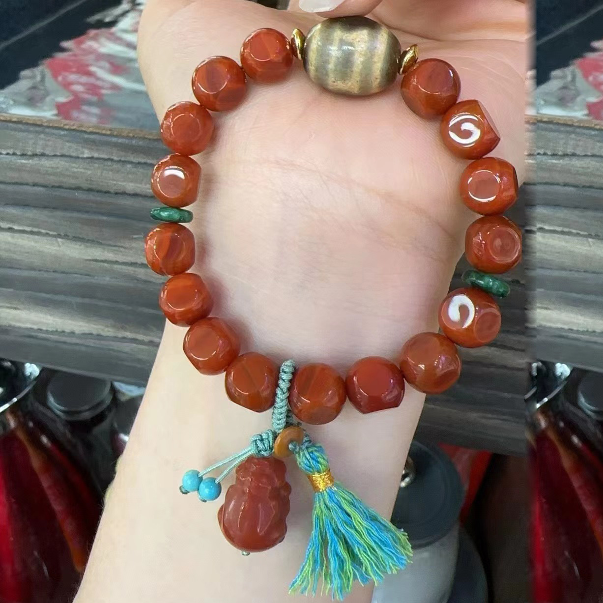 South red agate carved face bracelets Pixiu Tibetan ornaments round sky square dzi bead bracelets