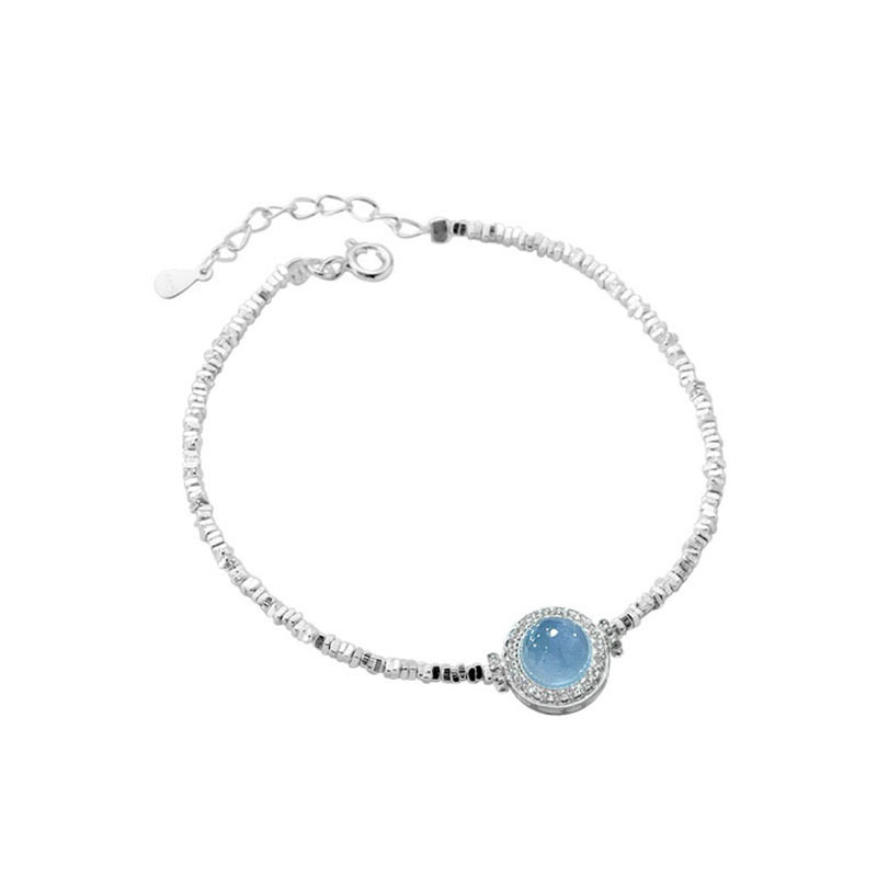 Pure silver natural aquamarine inlaid diamond broken silver bracelet girls dream blue round bracelet light luxury style hand jewelry