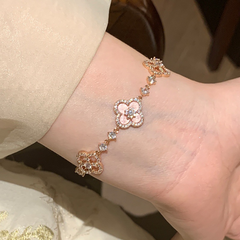 Micro-inlaid zircon pink flower rose gold bracelet niche temperament sweet versatile pull-out hand jewelry