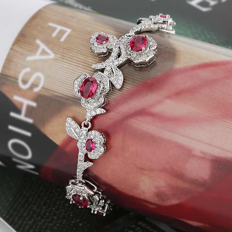 Red corundum zircon inlaid women's bracelet retro personality fashion rose camellia
