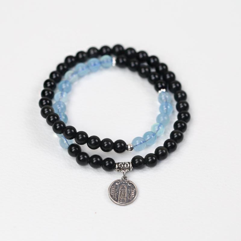 Jishengji Fortune Five Elements Balance Water Bracelet Silver Five Roads God of Wealth Accessories Obsidian Aquamarine Bracelet