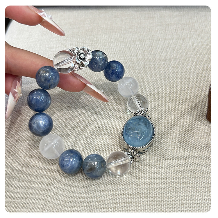 Natural aquamarine blue crystal white crystal white ghost bracelet large particles niche crystal beads