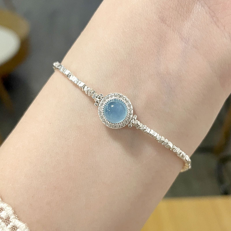 Pure silver natural aquamarine inlaid diamond broken silver bracelet girls dream blue round bracelet light luxury style hand jewelry
