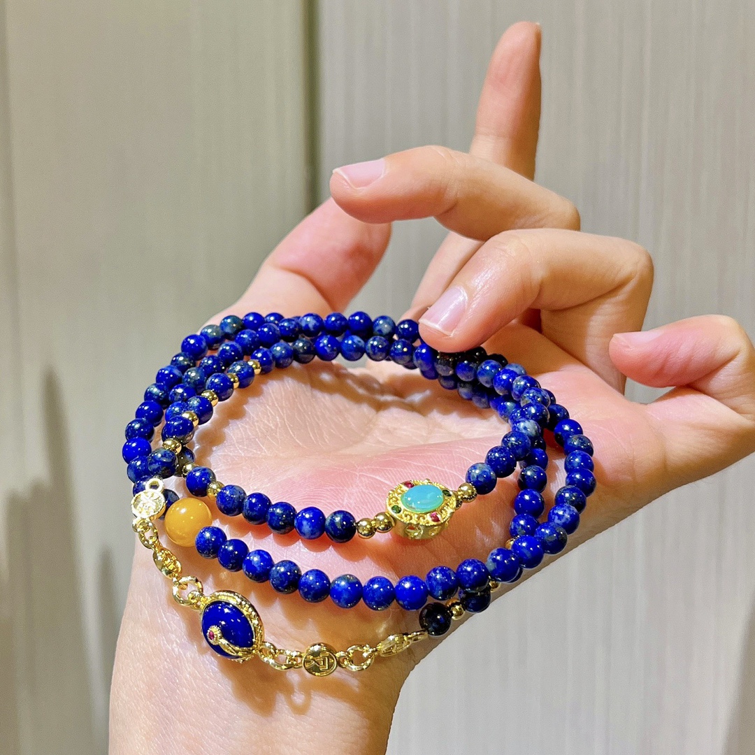 Natural lapis lazuli old beeswax multi-circle bracelet millet beads stacking bracelet