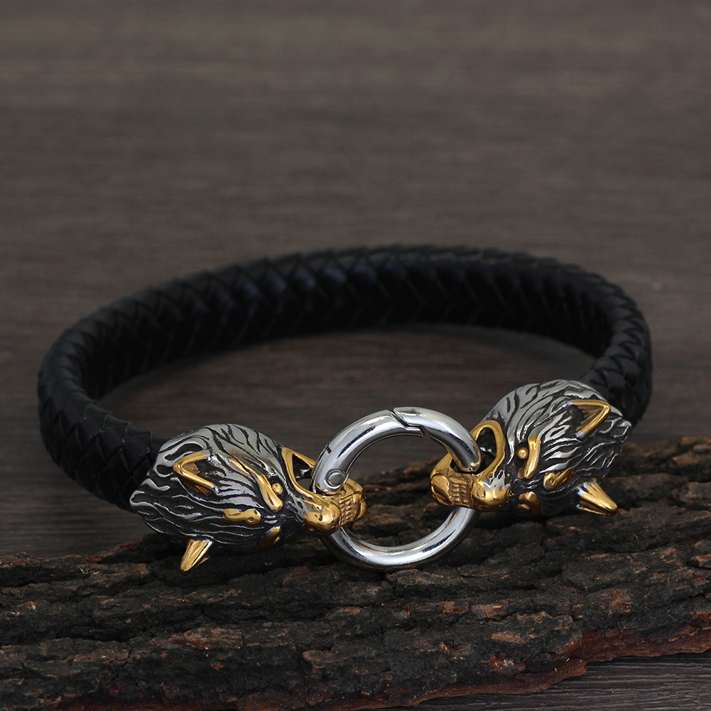 Wolf Head Leather Bracelet Stainless Steel Viking Pendant Jewelry