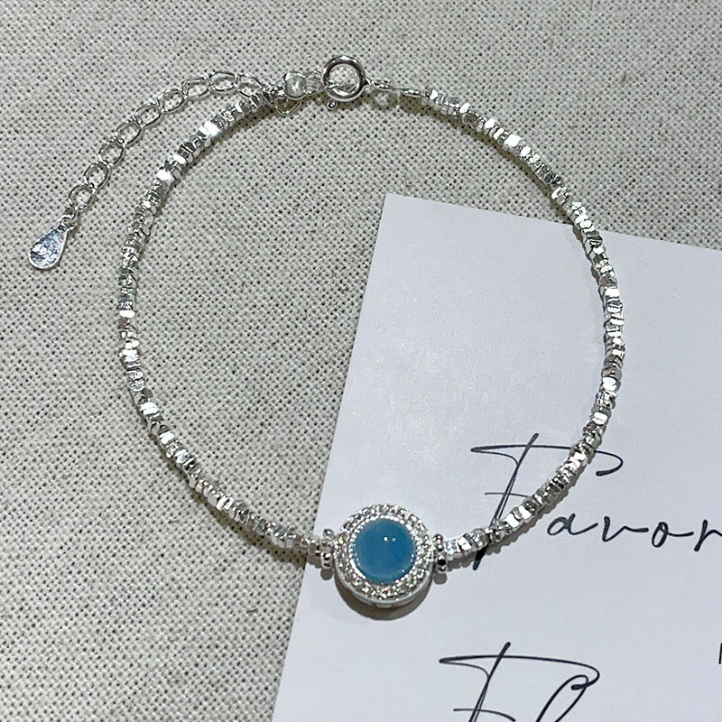 Pure silver natural aquamarine inlaid diamond broken silver bracelet girls dream blue round bracelet light luxury style hand jewelry