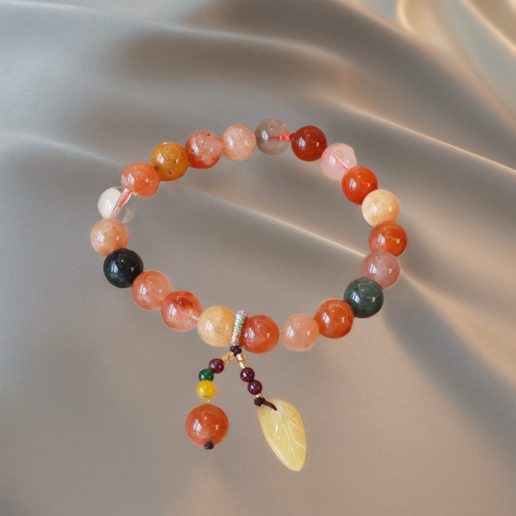 Five Blessings and Treasures Natural Crystal Bracelet Beeswax Leaf Fortune, Longevity and Happiness Crystal