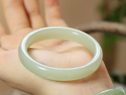 Hetian jade blue-white jade wide bracelet for women, clear water color natural jade girl blue-white jade bracelet for girls, genuine