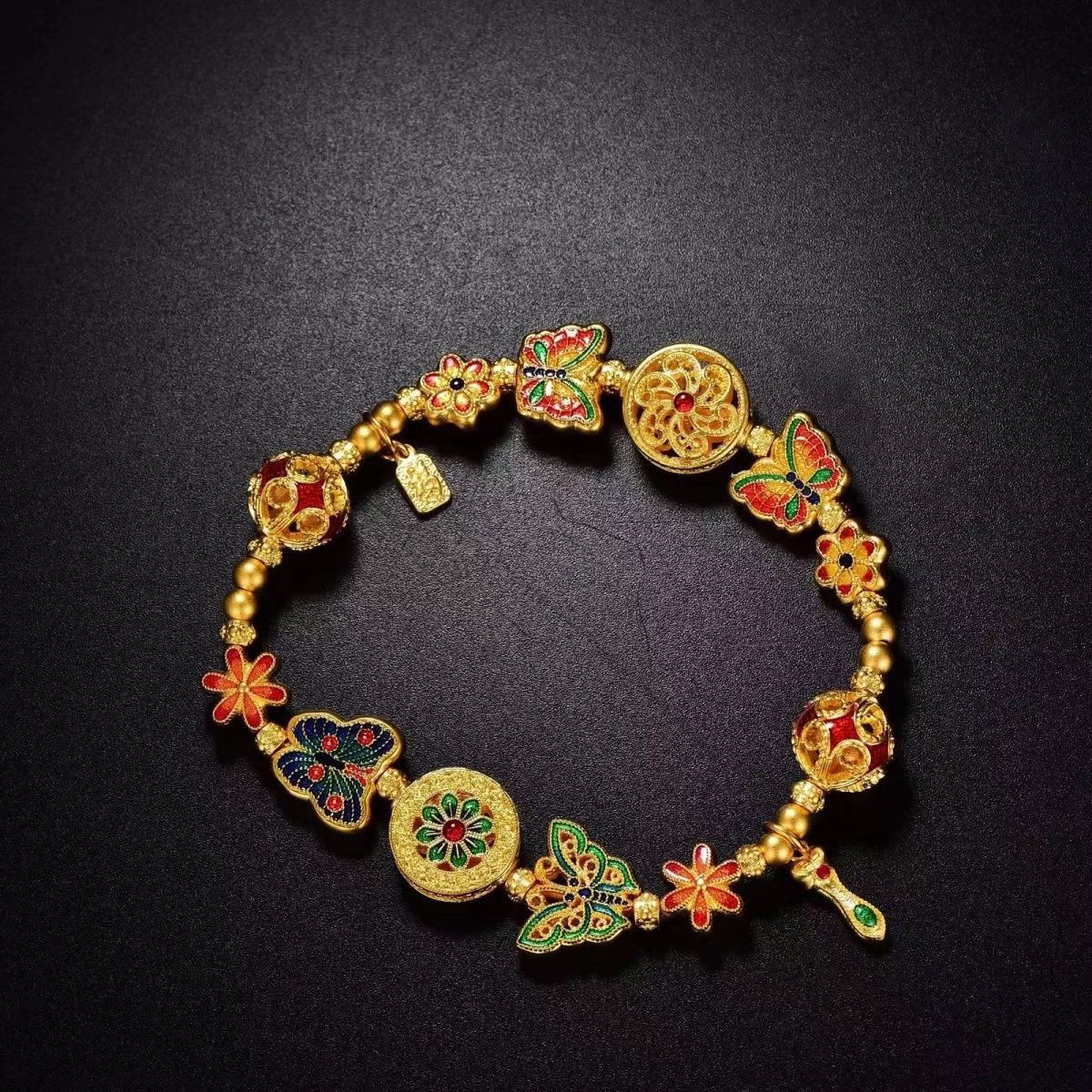 Chinese style electroplating ancient method Fu Man family filigree enamel butterfly gold bracelet
